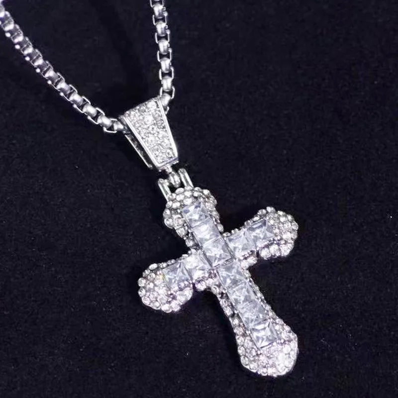 Diamond-Studded Religious Cross Pendant Chain