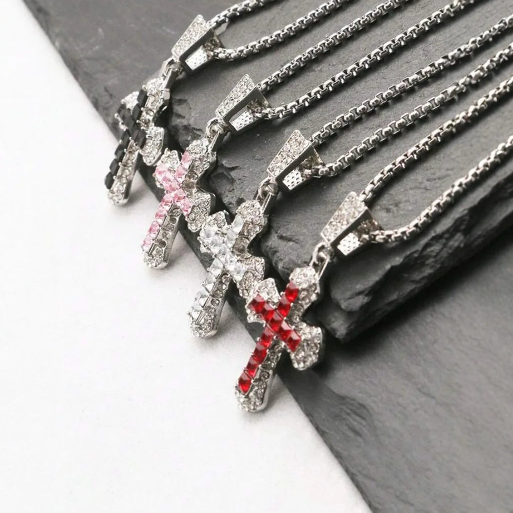 Diamond-Studded Religious Cross Pendant Chain