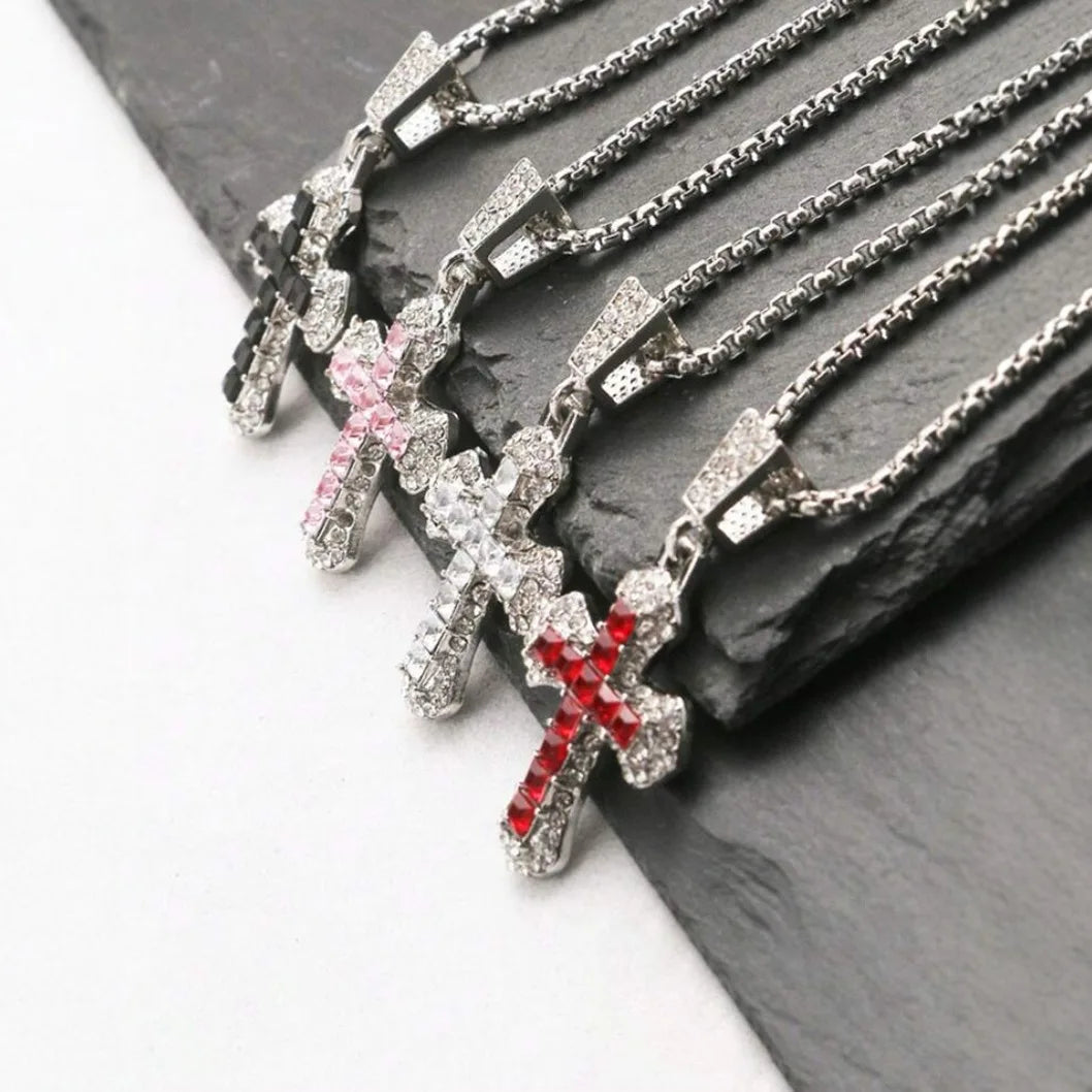 Diamond-Studded Religious Cross Pendant Chain